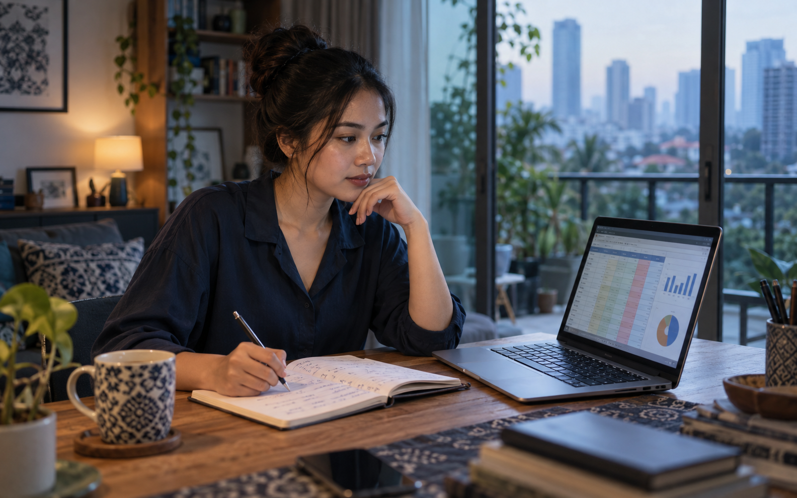 Profesional muda Indonesia meninjau anggaran pribadi di laptop dan buku catatan
